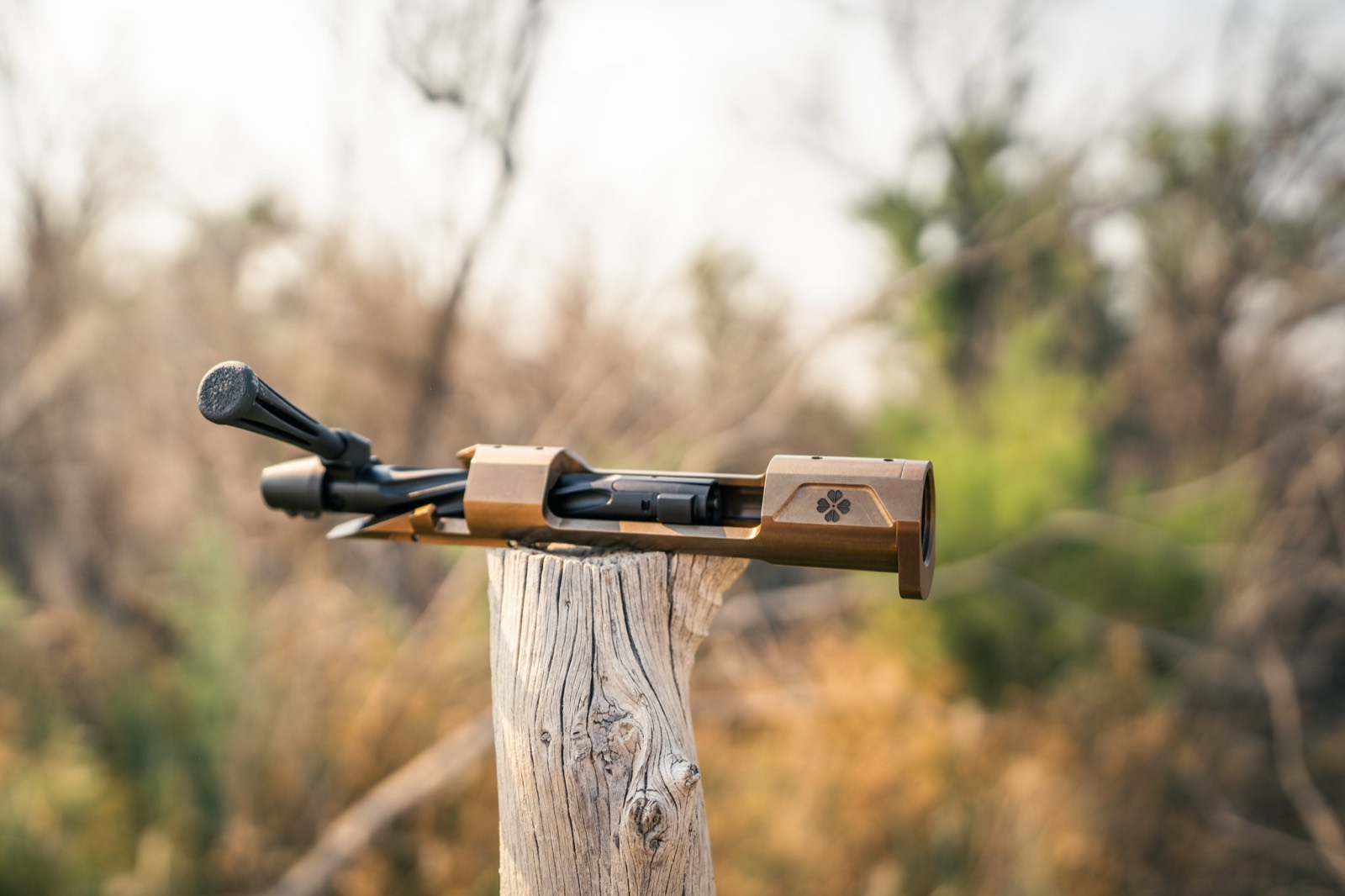 KLOVR rifle on a cedar post
